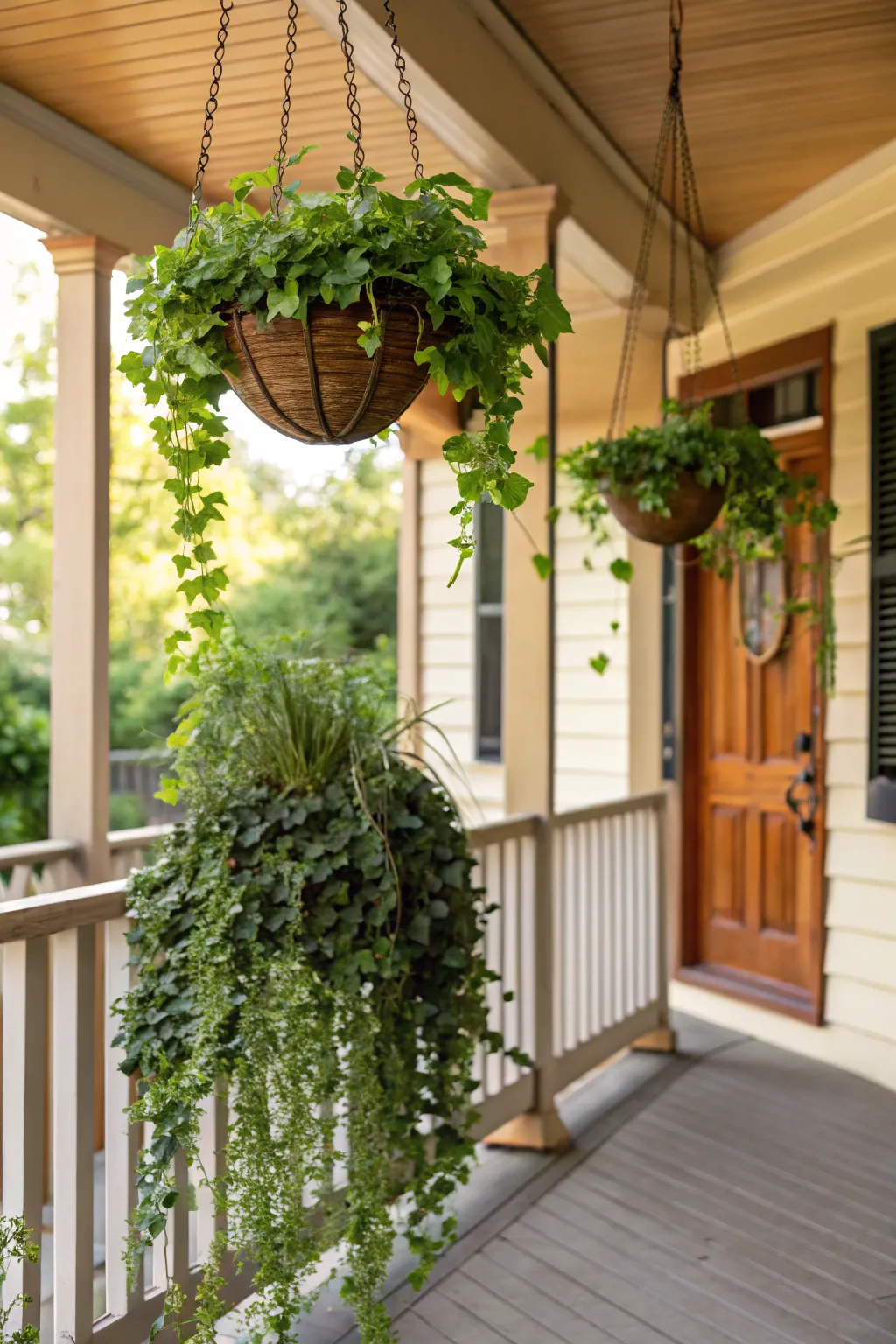 Collection of fall hanging baskets creative ideas with mums, kale, and pansies on a porch