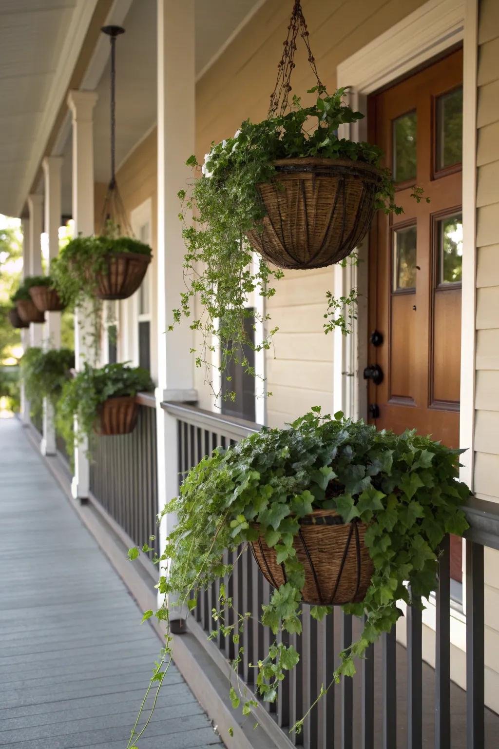 Edible herb and viola fall hanging basket with rosemary and sage