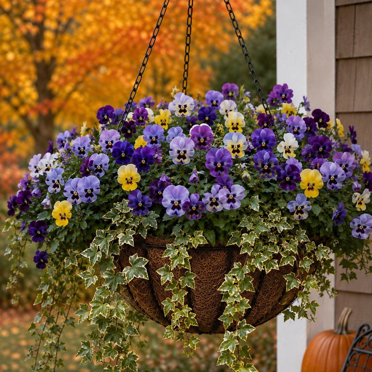 Deadheading mums in a fall hanging basket during October maintenance