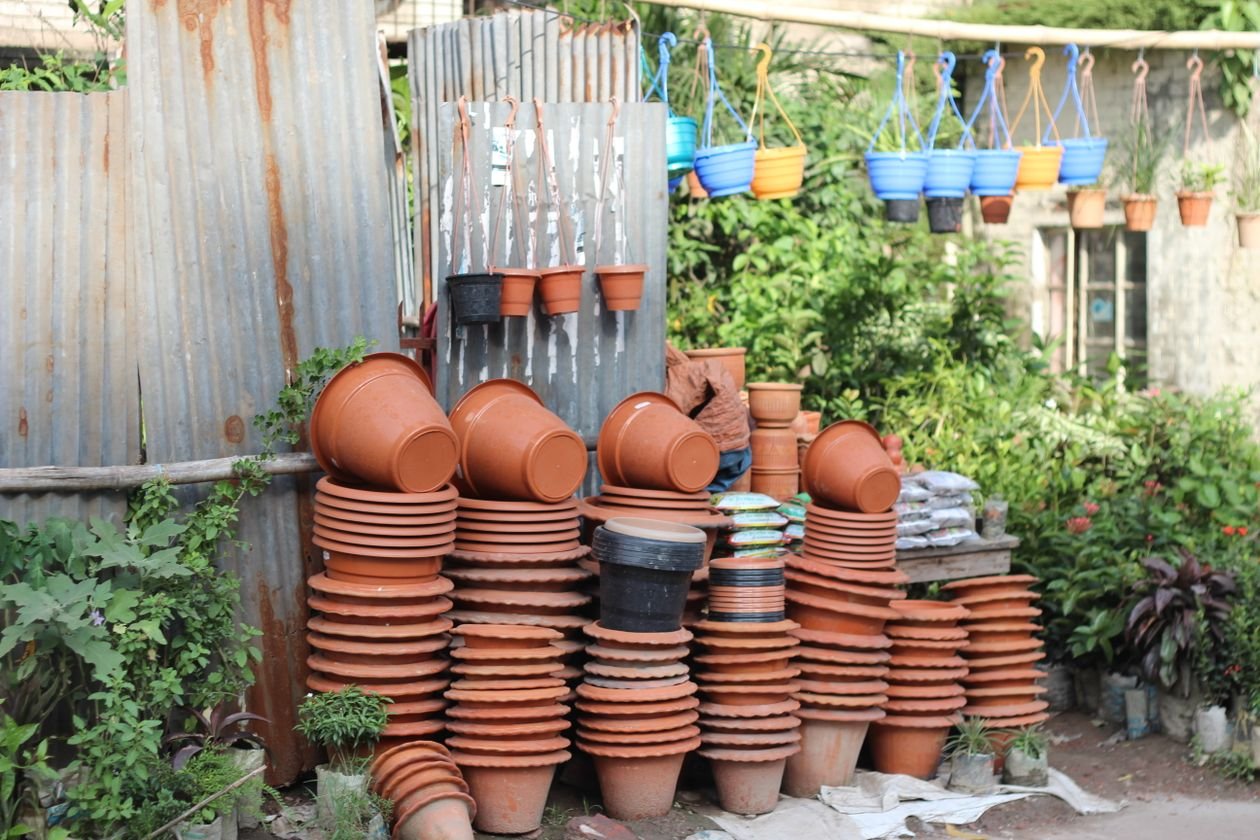Stacked clay pots for fall planters